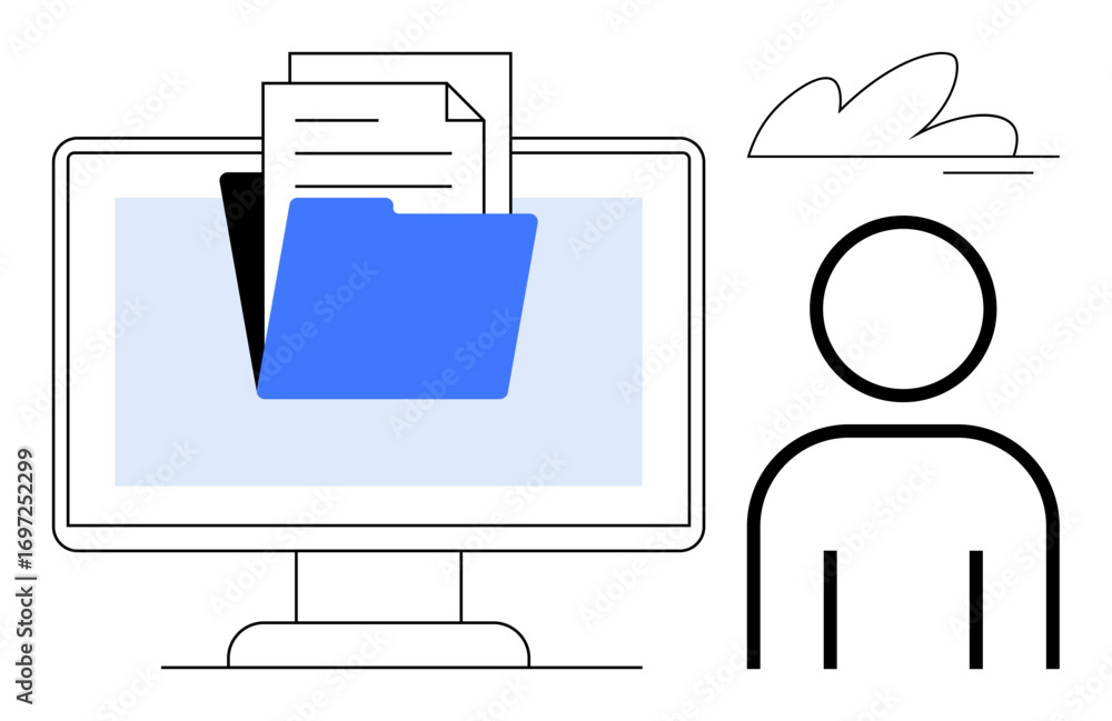 Poster computer screen with blue folder and documents, next to a person icon and cloud. ideal for data mana