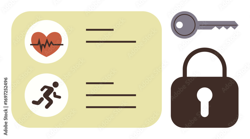 Poster heartbeat monitor and running icons next to a key and padlock highlight health data protection. idea