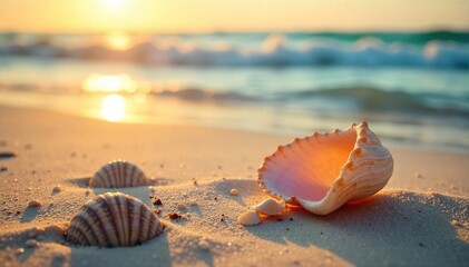 Golden hour sunlight warms smooth, sun-kissed sand Perfect for relaxation and soaking up the summer rays Seashells and gentle waves complete the idyllic scene , calm, seaside, tranquility