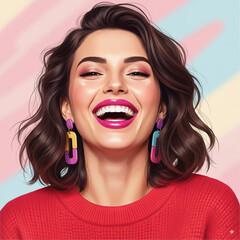 A joyful woman with wavy brown hair laughing widely while wearing bright pink lipstick, colorful geometric earrings, and a red sweater against a pastel rainbow background.