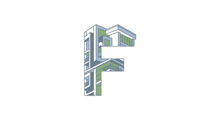 Architectural Alphabet 'F': Modern Building Illustration with Geometric Design Accents