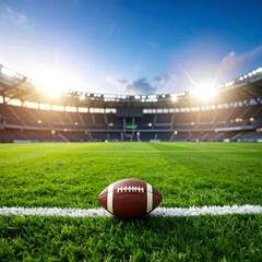 Football on field, stadium backdrop