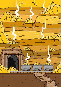 Vibrant illustration of a gold mine shaft with ore carts and layers