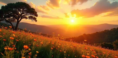 Golden hour sunlight bathes a vibrant landscape in warm, glowing light Perfect for summer, vacation, and travel themes Showcases nature's beauty at its peak , peaceful, sun
