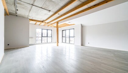 Fototapeta premium Spacious Loft Apartment Interior with Exposed Wood Beams and Concrete Floor