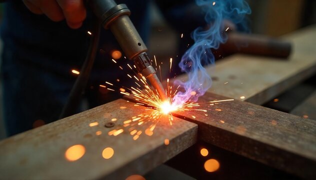Close-up shot of a welder's torch fusing two wooden planks together, sparks flying, creating a strong and durable joint Perfect for construction, DIY, and woodworking projects , hot, carpentry