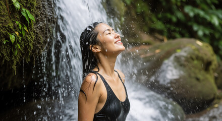 A young woman smiles blissfully under a natural waterfall, her eyes closed in peaceful surrender, enjoying a refreshing and serene moment of connection with nature.