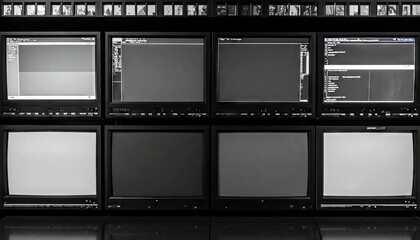 Wall Of Vintage CRT Monitors Displaying Gray Screens