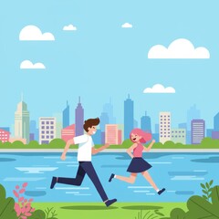 Vector illustration of young man and woman running in city park. Fitness activity, healthy lifestyle, outdoor exercise, and active leisure design for sport and wellness.