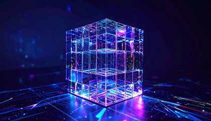 Spinning Holographic Cube Grid with Refractive Edges in Dark Studio