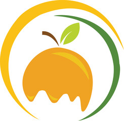 Mango Fruit Logo with Leaf and Juice Drip in a Circular Shape