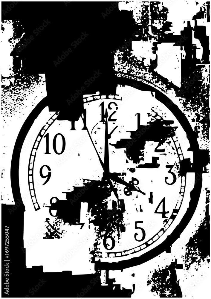 Poster vector distressed clock face with hands pointing to one oclock.