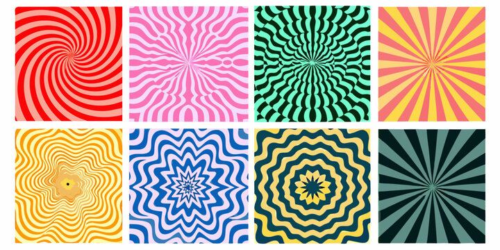 Collection of eight vibrant abstract psychedelic optical illusion patterns with swirling and radiating lines in various colors