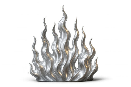 Silver metallic flames soaring, radiating dynamic energy against transparent backdrop, embodying powerful, elegant motion
