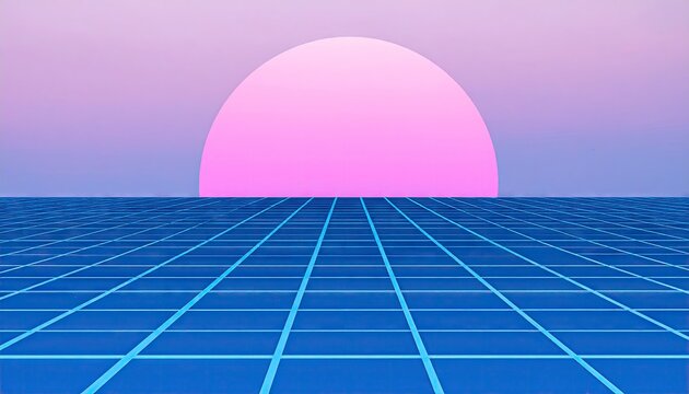 Retro Vaporwave Grid Horizon with Pink Sunrise Glow
