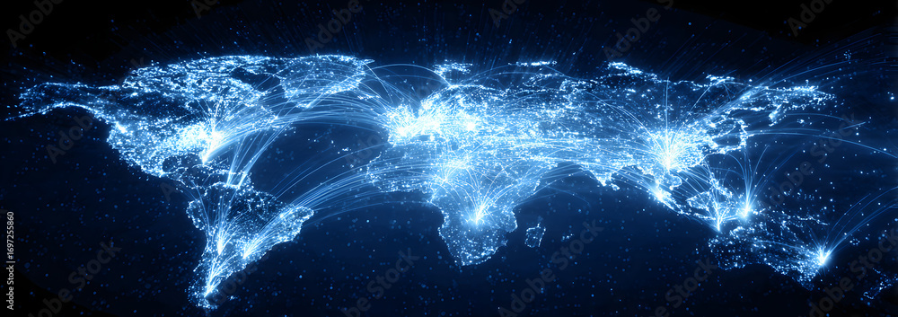 Poster blue digital world map with glowing network lines an data points, ideal for glbal communication and 