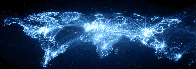 Blue digital world map with glowing network lines an data points, ideal for glbal communication and infomation technology themes