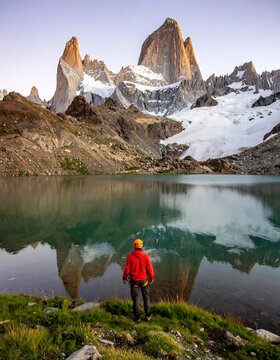 Mountain lake vista with figure
