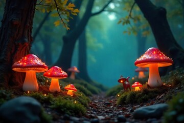 Magical Autumn Forest Scene with Glowing Mushrooms and Fairy Lights Whimsical Woodland Creatures and Festive Ornaments Perfect for Halloween, Fantasy, and Autumnal Designs