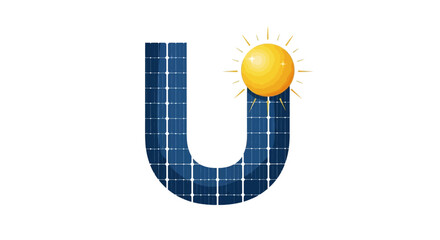 Illustration of letter U with solar panel texture and a sun graphic promoting renewable energy © Alis