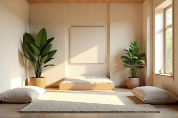 Serene meditation room bathed in soft natural light, featuring comfortable cushions, calming decor, and a peaceful atmosphere ideal for mindfulness and relaxation , inner peace, spiritual journey
