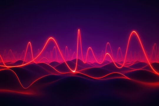 Vibrant red sound wave visualization flowing across a dark purple textured background