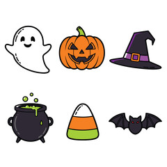 Halloween cartoon icons: ghost, pumpkin, witch hat, cauldron, candy corn, bat.  Perfect for autumn celebrations.