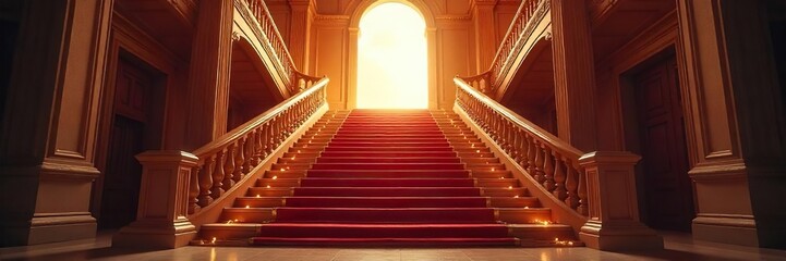 Dramatic Hollywood-style staircase ascending towards bright light, elegant design, architectural detail Perfect for luxury, success, ambition, and achievement themes , steps, building