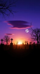 A graveyard with crosses and trees silhouetted against a vibrant sunset and a full moon in the sky