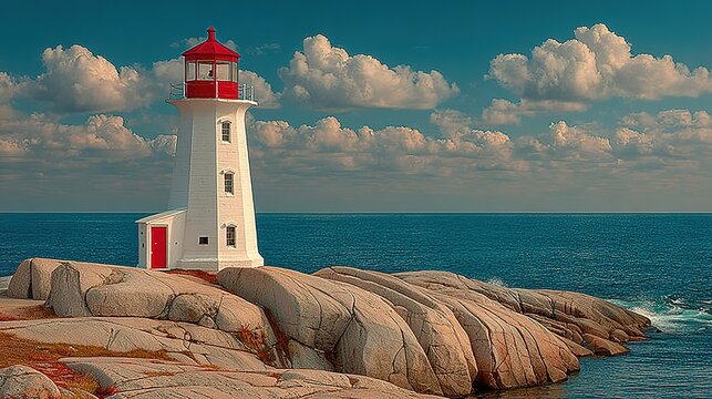 White lighthouse with red top stands on rocky shore against blue sky and ocean.