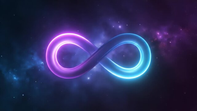 A glowing infinity symbol transitions from electric blue to vibrant magenta, set against a deep space backdrop filled with cosmic nebulae and distant stars.