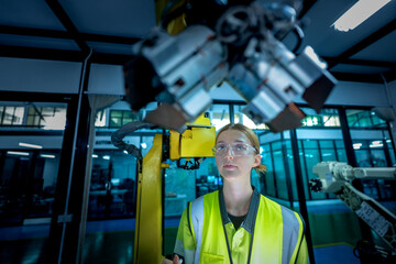 A female engineer in safety gear stands in front of a large industrial robot. She is a skilled...