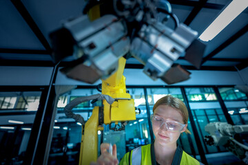 A female engineer in safety gear stands in front of a large industrial robot. She is a skilled operator of automated machinery in a modern, advanced manufacturing plant.