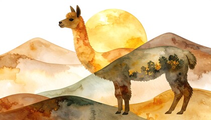 Llama in layered landscape, watercolor style