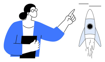 Woman holding a folder points at a launching rocket, signifying guidance, innovation, and leadership. Ideal for growth, startup success, business, exploration creativity progress education. Simple