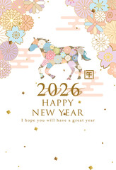 2026年午年　和風花柄の馬の年賀状テンプレート