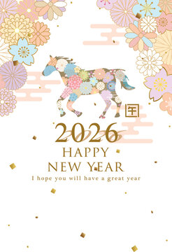2026年午年　和風花柄の馬の年賀状テンプレート