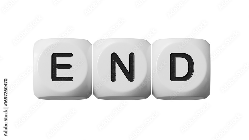 Poster end.wooden dice spelling.flat lay view from above on wooden dice buttons.it technology concept.suppo