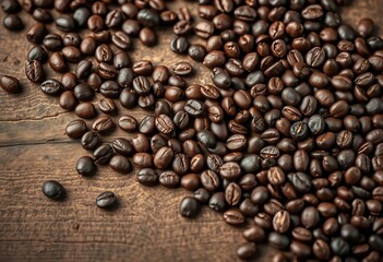Fototapeta premium Dark roasted coffee beans scattered on rustic wood, rich aroma, closeup, fragrance