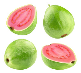 Photo of guava isolated. Collection of whole and halves of guava on transparent background.
