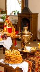 Naklejka premium Festive Russian interior with traditional treats and samovar
