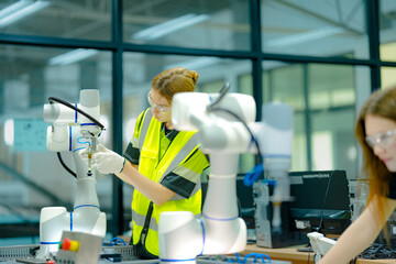 A team of two female engineers in hard hats works together on a large robot arm in a factory. They use a laptop and a controller to program the machine for its job.