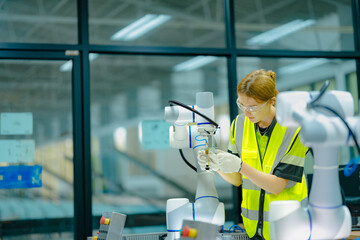 Two female students in a technology class work with robotic arms. They are learning about programming and automation, preparing for careers in engineering and advanced manufacturing.