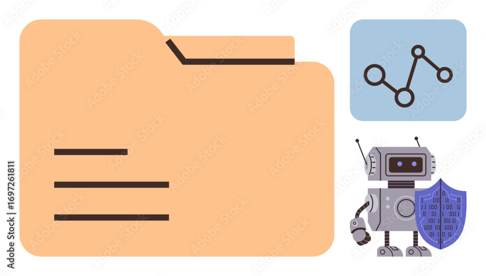 Poster large file folder next to a robot holding a shield, network diagram symbol above. ideal for cybersec