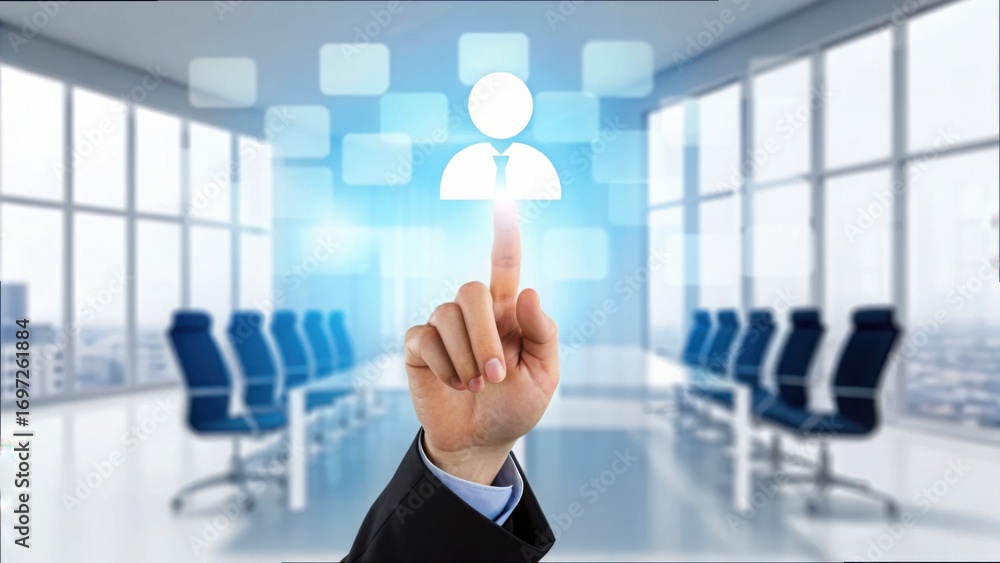 Poster hand pointing at virtual candidate profile in modern office setting