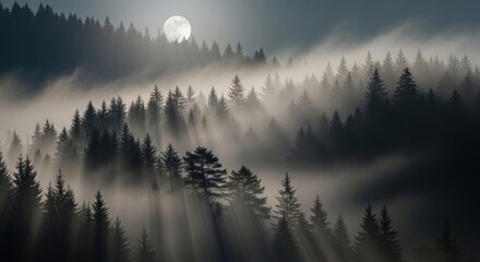 A foggy forest landscape with a full moon visible above the trees and light rays shining through the fog