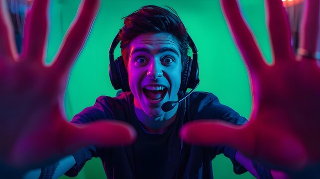 A young gamer in front of a green screen, wearing gaming headset, speaking excitedly to the camera, simulating live streaming, energetic expressions, neon-style lighting.