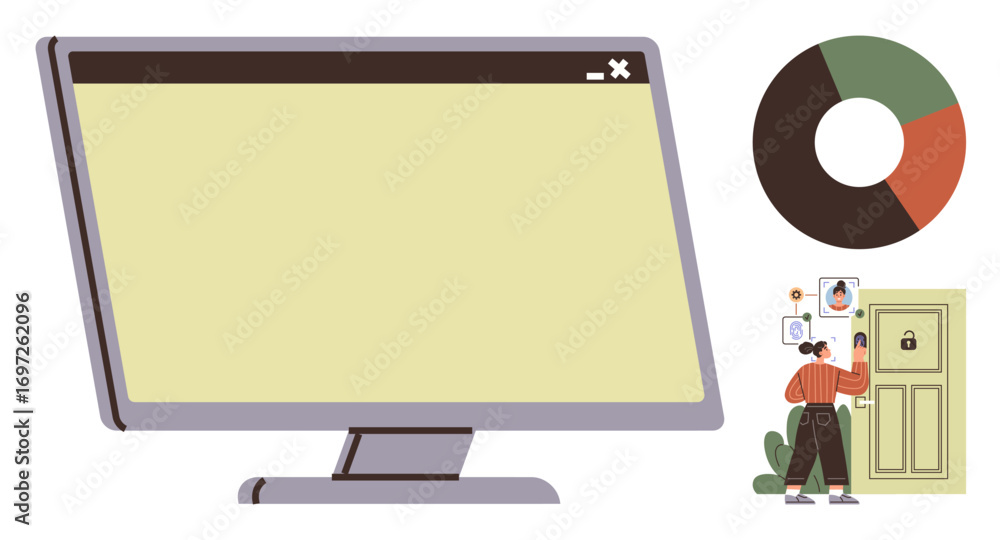Poster large monitor with user interface, pie chart, and person entering a secure door with id. ideal for d