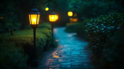 Pathway lit by warm lanterns at night, lush greenery