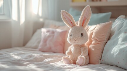 Pastel-toned stuffed bunny on a bed